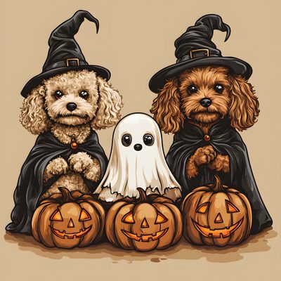 two dogs in halloween costumes sitting next to each other with pumpkins on the ground Halloween Poodle Halloween Horror Dog Art, Ghost Poodle, Cartoon Dog In Halloween Costume, dark salmon