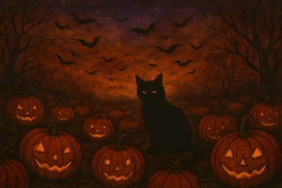 a black cat sitting in the middle of a field full of pumpkins at night Desktop Black Cat Halloween Spooky Pc, Halloween Ipad Backgrounds, Fall Ipad Backgrounds, maroon