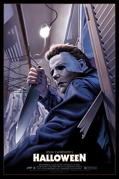 a movie poster for halloween with a man holding a knife and looking at the camera Halloween The Movie Vintage Slasher Movie Posters, Michael Myers Movie Poster, 80s Slasher Movie Posters, dark slate gray