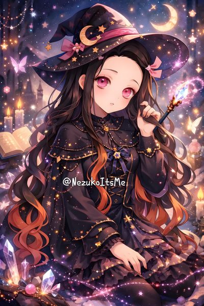 a girl with long hair wearing a witches hat and holding a wand in her hand Nezuko Kamado Halloween Sticker Design Inspiration, Demon Slayer, Sticker Design, dark slate gray