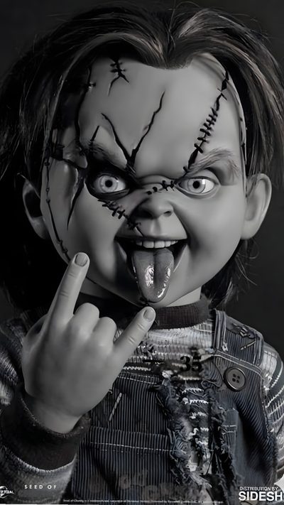 a young child with makeup on his face and mouth is making the finger sign for the camera Halloween Scary Chucky Chuky, Black And White Chucky, Chucky Cute, Chucky Black And White, dark slate gray