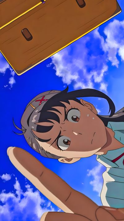 an anime character is flying through the air with suitcases in the sky behind her Suzu Halloween Suzume Aesthetic, Suzume Door, Suzume Hd 1080p, Suzume 4k, Suzume X Souta, slate gray