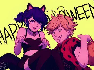 two people sitting next to each other with the words happy halloween written in black on them Miraculous Ladybug Halloween Cute Couple Comics, Ladybugs Movie, Catnoir And Ladybug, Ladybug, indian red