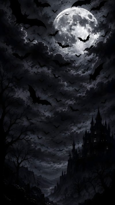 a castle with bats flying over it at night Black Aesthetic Halloween Bat,
