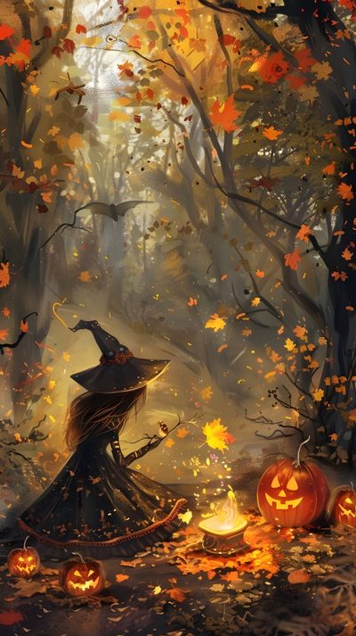 a painting of a witch sitting in the woods with her pumpkins Enchanted Halloween Witch Image, Fall Magic, Fall Witch, October Witch, Magical Halloween, dark olive green