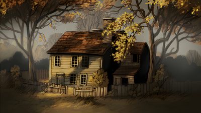 a painting of a house in the woods with trees around it and leaves on the ground Halloween Over The Garden Wall Cozy Autumn Landscape, Fall Home Decor Inspiration, Nature-themed Art Ideas, dark slate gray