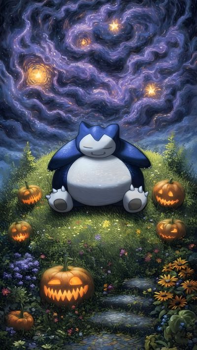 a cartoon character sitting on top of a field with pumpkins in front of it Halloween Snorlax Halloween Pokémon, Pokemon Collection, Cute Pokemon, Iphone Stills, Snorlax, dark slate gray