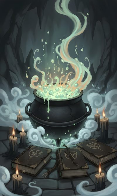an illustration of a caulder filled with green liquid surrounded by books and candles Halloween Spooky Cauldron Snakes Potions Fantasy Cauldron, Halloween, dark slate gray