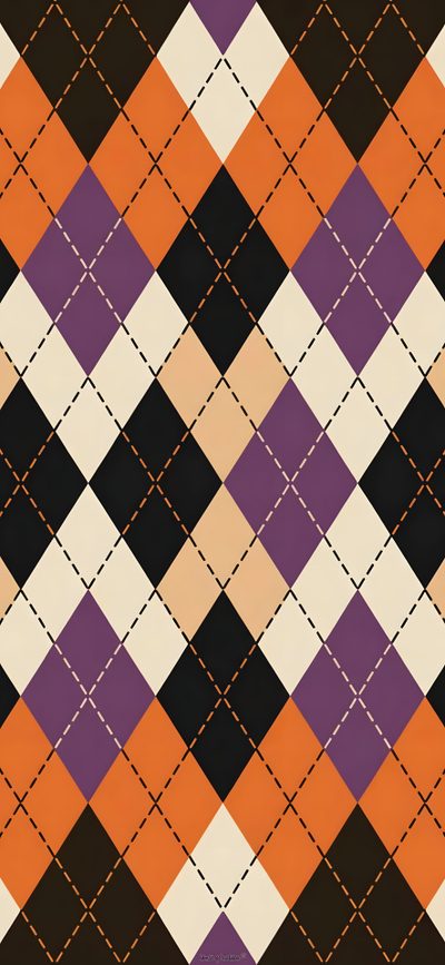 an orange, black and white checkered pattern with stitching in the middle is shown Halloween Argyle Halloween Argyle Pattern, Halloween Checkered, Halloween Patterns, sienna
