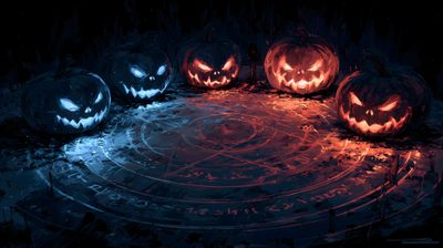five carved pumpkins sitting on top of a circular table with glowing faces in the middle Engine Halloween Scary Halloween Computer Backgrounds, Dark Halloween Desktop, Creepy Halloween Desktop, black