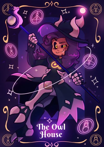 an illustration of a witch holding a wand and wearing a witches hat with the words, the owl house on it The Owl House Halloween The Owl House Fanart, Titan Luz, Owl House Poster, midnight blue