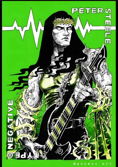 a man holding a guitar in front of a green background with the words peter steele on it Type O Negative And Pantera On Halloween Gothic Rock Band Decor, Green And Black Music Poster, Music Poster Collection Ideas,