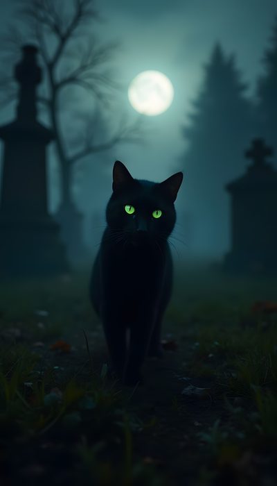 a black cat with glowing green eyes walking in the grass at night near graveyards Creepy Black Cat Halloween Scary Cat Background, Spooky Black Cat Pictures, Halloween Black Cat Background,
