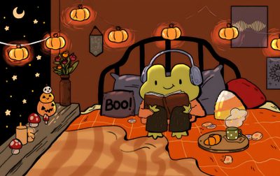 a cartoon character is reading a book in bed Lofi Halloween Desktop Cozy Cute Fall Desktop, Studio Ghibli Fall Aesthetic, Cartoon Fall Desktop, saddle brown