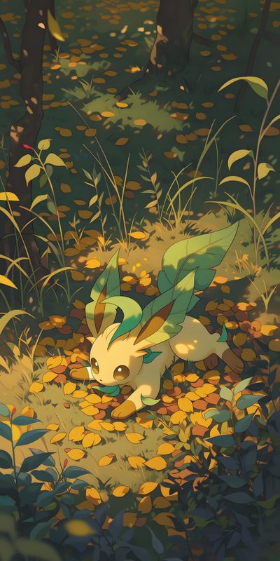 an animal that is laying down in the grass with leaves on it's ground Leafeon Halloween Leafeon 4k, Lightning Pokemon, Pokemon Full Art Cards, Sawsbuck, dark slate gray