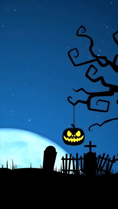 a halloween scene with a jack o lantern hanging from the tree Halloween Blue Halloween Greetings Gif, Gif Halloween, Live Halloween Iphone,