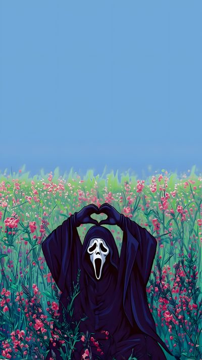 a painting of a person in a black robe sitting in a field with pink flowers Cute Scream Halloween Lock Screen Halloween, Phone Backgrounds Halloween, Xbox Profile Pictures, cadet blue