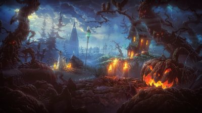 a dark forest filled with lots of pumpkins and glowing lights in the night sky 3840x2160 Halloween Halloween Background Dark Forest, Halloween 1920x1080 Hd, 3840x2160 Halloween, dark slate gray
