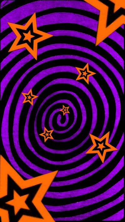 an orange and purple spiral with stars on it Halloween Purple And Orange Halloween Stars, Orange Spiral, 2000s Halloween, Orange And Purple Heart, black