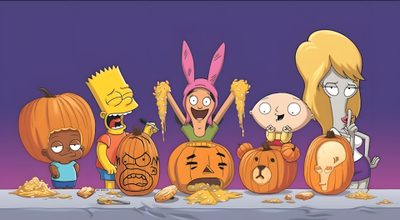 cartoon characters with pumpkins and jack - o'- lanterns Family Guy Halloween Bobs Burgers Halloween, Bobs Burgers Funny, Burger Cartoon, Days Till Halloween, dim gray