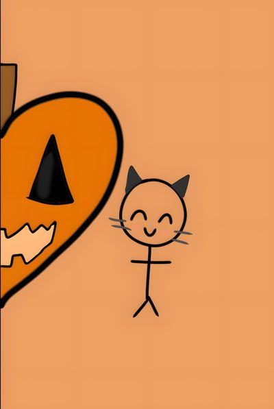 an orange wall with a drawing of a cat and a pumpkin Matching Halloween For Besties Cute Cat And Pumpkin Illustration, Diy Halloween Decorations, Halloween Greeting Card Ideas, sandy brown