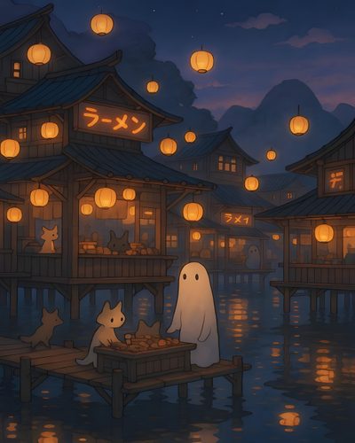 an animated scene with lanterns floating in the air above water and people sitting at a table Japan Halloween Japanese Halloween Background, Studio Ghibli Halloween Background, Japan Halloween, dark slate gray