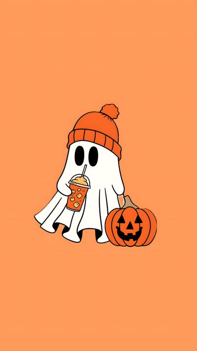 an orange background with a cartoon ghost holding a pumpkin and a drink in it's hand Halloween Boo Halloween Orange White Halloween Cute Pumpkin, Halloween Cute, Autumn Phone, sandy brown