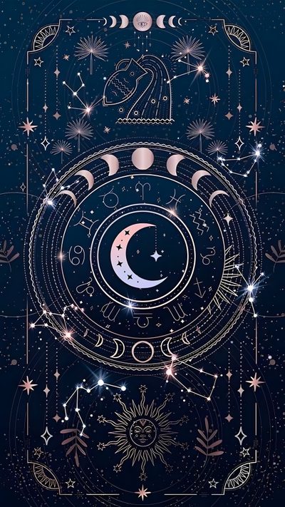 the moon, stars and crescents are depicted in this art nouveau style painting by person Hand Drawn Halloween Constellation Navy Astrologist Aesthetic, Cosmic Background Astrology, Celestial Map Art, black