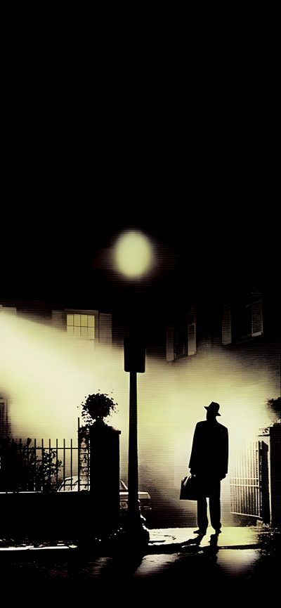 a man walking down a street at night in the fog with a hat and coat on Exorcist Halloween The Exorcist Poster, The Exorcist Poster 4k, Exorcist 2 Movie Poster, black