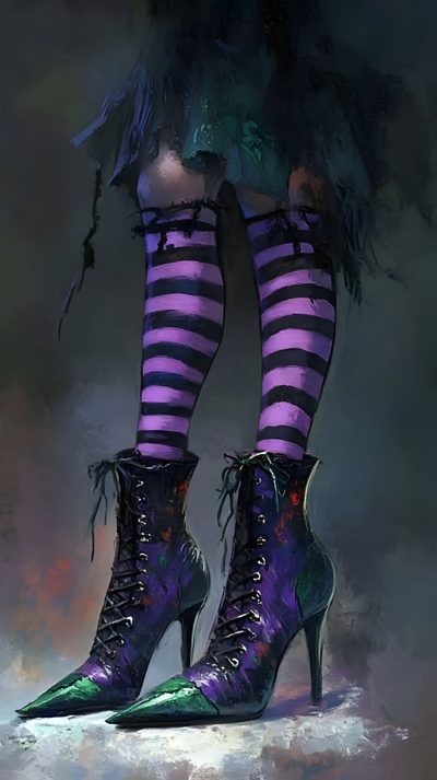 a painting of a woman's legs wearing purple and black striped stockings, high heeled shoes Happy Halloween Stockings Witch Legs Drawing, Witches Legs Drawing, Halloween Boots Drawing, dark slate gray