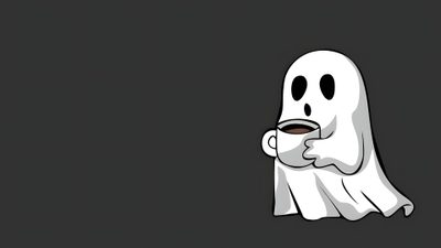 a cartoon ghost holding a coffee cup in his hand Halloween Laptop Ghost Background For Laptop Aesthetic, Skeleton Desktop, Spooky Laptop Theme, dark slate gray