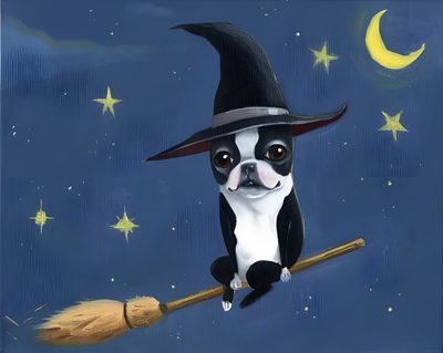 a painting of a boston terrier dog wearing a witches hat and holding a broom Halloween Boston Terrier Boston Terrier Halloween Drawing, Halloween Boston Terrier, Boston Terrier Witch Svg, dark slate blue