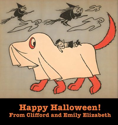 a happy halloween card with an image of a dog in a ghost costume on it's back Clifford Halloween Clifford The Big Red Dog Pumpkin, Clifford Halloween, Clifford Pumpkin, rosy brown