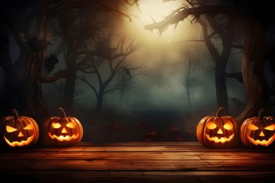 three carved jack o lantern pumpkins sitting on a wooden floor in front of trees Halloween Banner With Forest Halloween Banner Background Hd, Halloween Tree Background Hd, Halloween Tree Background For Photoshop, black