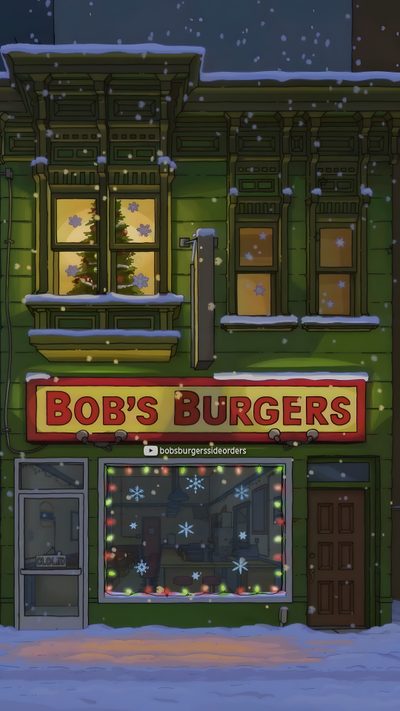 bob's burgers in the snow with christmas lights on it and a tree outside Bobs Burger Halloween Cool Bobs Burgers, Bobs Burgers Christmas Phone, Bob's Burgers, dark slate gray
