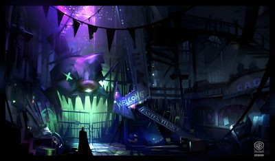 an animated image of a creepy clown in a dark room with neon lights and decorations Arkham Halloween Joker Theme Background, Arkham Background, Cyberpunk Joker Locations, black