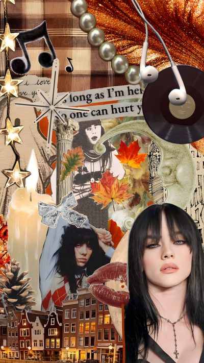 a woman with long black hair is surrounded by pictures Halloween Billie Eilish Fall Background, Billie Eilish Fall, Billie Eilish Halloween, sienna