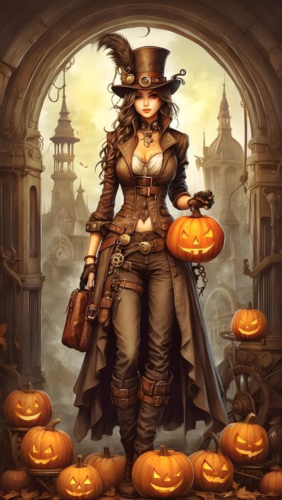 a woman dressed in steampunk clothing with pumpkins Halloween Steampunk Halloween Steam Punk, Steam Punk Witch, Steam Punk Halloween, saddle brown