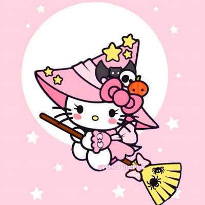 a hello kitty holding a broom on top of a pink background with stars and moon Halloween With Hello Kitty In A Hat Hello Kitty Sanrio Halloween, Hello Kitty My Melody Halloween, Pink Fall Widgets, misty rose