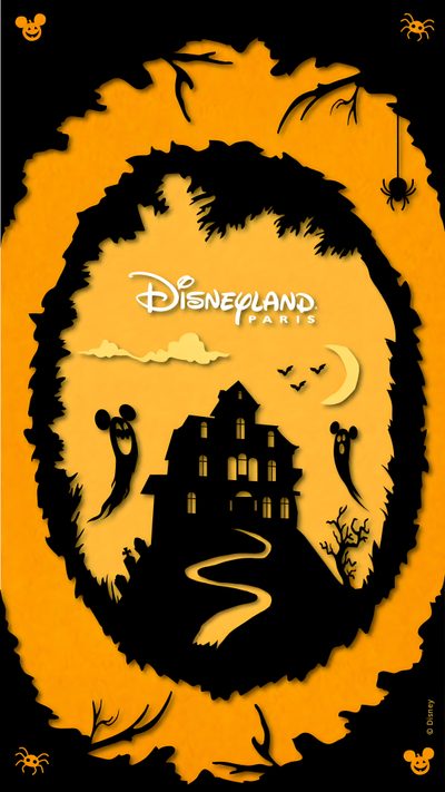 the poster for disneyland's halloween movies is shown in black and yellow with an orange background Disneyland Halloween Aesthetic Disney October, Disneyland Halloween Logo, Disneyland Halloween, dark goldenrod