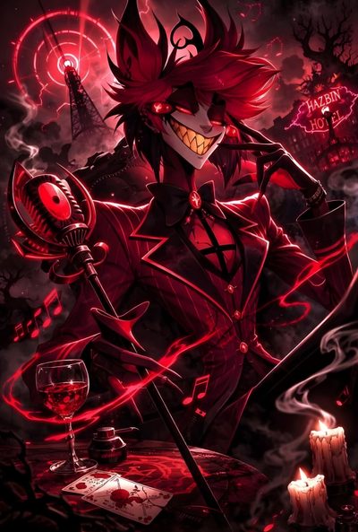 an anime character with red hair holding a knife and a wine glass in his hand Hazbin Hotel Halloween Hazbin Hotel Fanart Cute, Hotel Hazbin, Fanart Hazbin Hotel, Alastor Fanart Icon, black