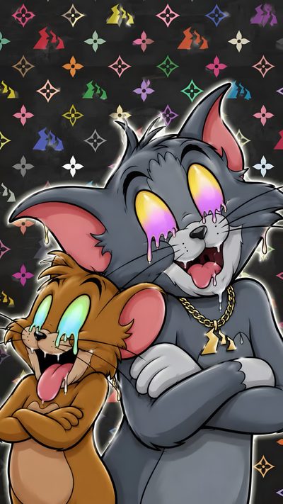two cartoon characters hugging each other in front of colorful stars and crosses on a black background Max And Tommy Halloween Cartoon Characters, dark olive green