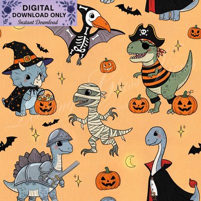 an image of halloween digital cliparts with dinosaurs and pumpkins on orange background Halloween Dinosaur For Nursery Cute Halloween Dinosaur, Halloween Dinosaur Background, Halloween Dinosaur, light salmon