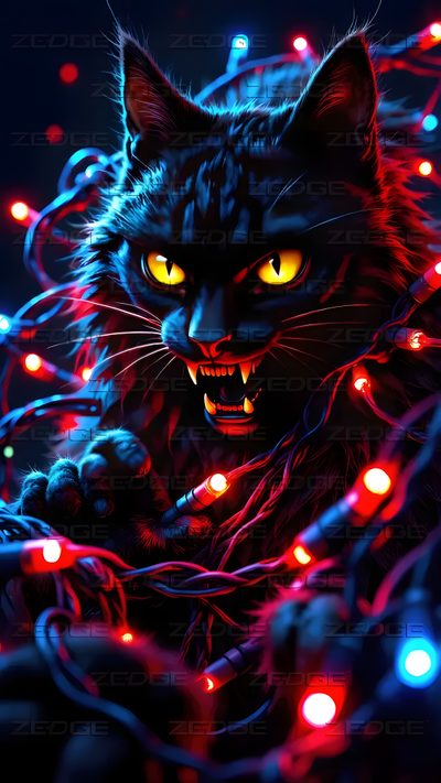 a black cat with yellow eyes surrounded by red and blue lights Halloween Fiery Felines-black Custom Cool Themes, For Your Phone, Halloween Festival, Cat, Halloween,
