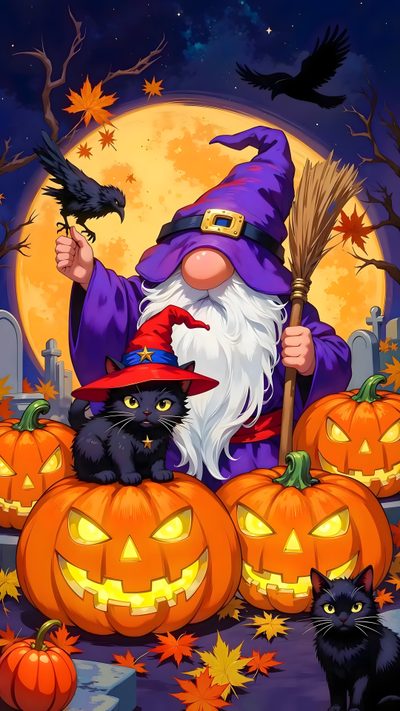 a painting of a wizard sitting on top of pumpkins with two black cats in front of it Halloween Gnomes 4 Cool Backgrounds, Halloween Gnome Ideas, Halloween Artwork, Halloween Eve, sienna