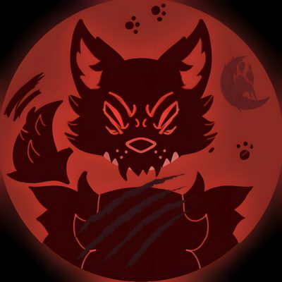 a drawing of a cat with big eyes and fangs on it's face in front of a red circle Therian Halloween Wolf Alpha Pfp, Blox Fruits Kitsune Fruit Icon, Halloween Pfp Aesthetic, maroon