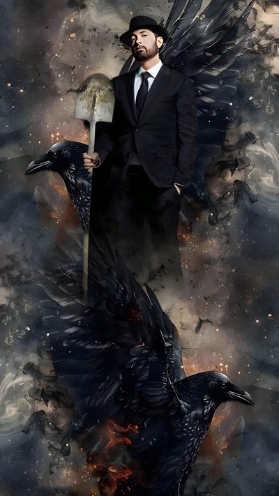a man in a suit and tie standing on top of a bird with an ax Eminem Halloween Eminem, dark slate gray