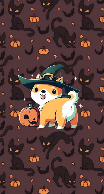 a dog wearing a witches hat and holding a pumpkin Shiba Inu Halloween Spooky Dog, Frenchie Halloween, Wiener Dog Halloween, dark slate gray