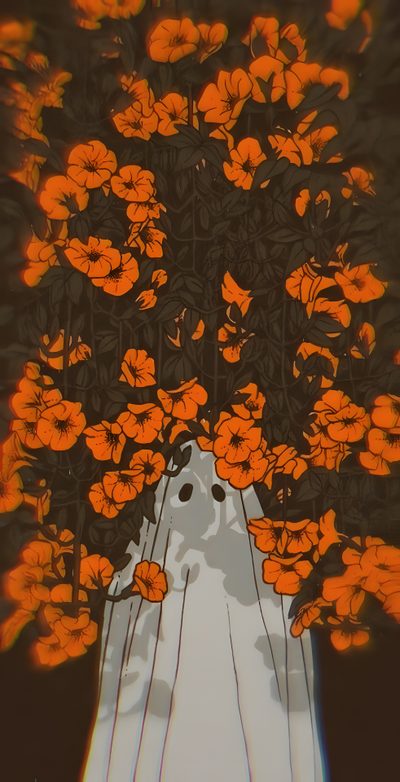 an orange and white flower arrangement in front of a black background with the image of a woman's face surrounded by flowers Halloween Floral Aesthetic Adult Halloween, Iphone Spooky Aesthetic, Summerween Phone Background, dark olive green