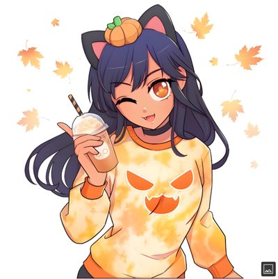 an anime character holding a drink in her hand and wearing a sweater with pumpkins on it Halloween Aphmau Aphmau Youtube, Aphmau Pictures, Aphmau, Werewolf Girl, Aphmau And Aaron, floral white